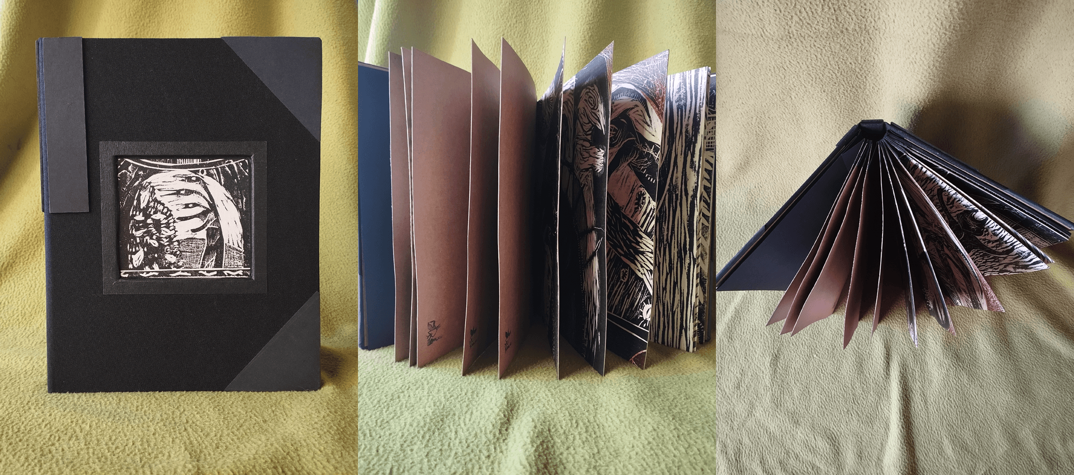 Libros de artista de Jessica Castillo. 28 x 22 x 3 cm, 12 páginas, tapa dura en madera y tela.